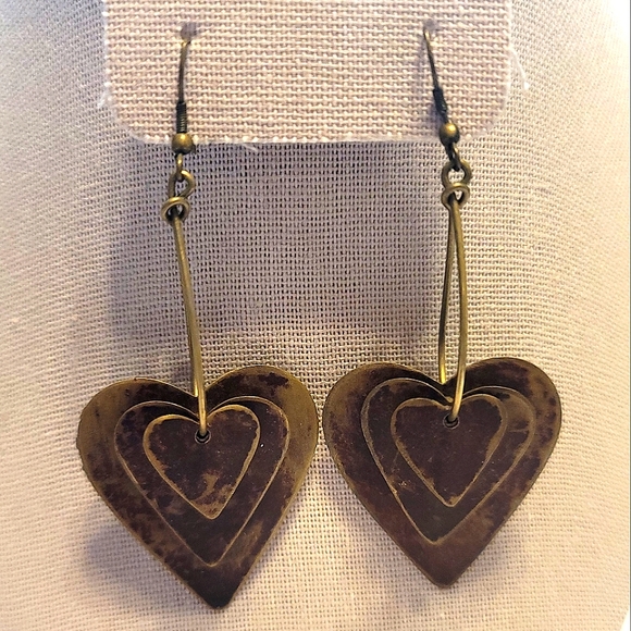 Vintage Jewelry - Vintage earrings antiqued bronze metal distressed raw hearts rustic southwestern